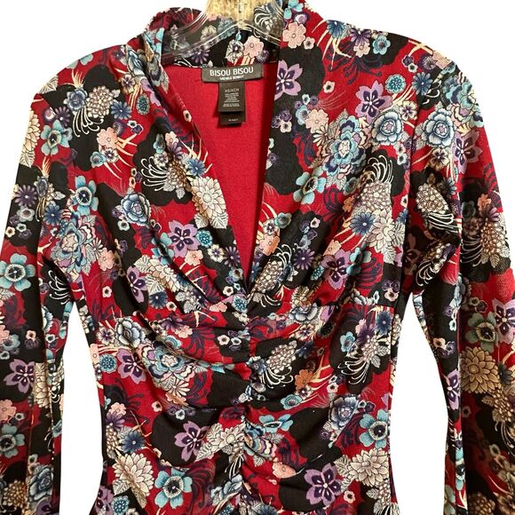 Bisou Bisou Michele Bohbot Floral Semi Sheer Ruched LS Top Whimsygoth Mesh Sz XS - Picture 7 of 15